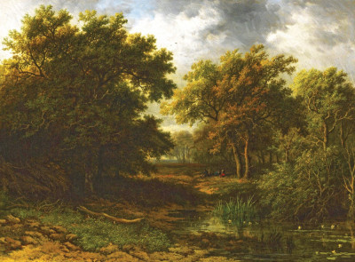 ₴ Картина пейзаж художника від 199 грн.: Лісовий пейзаж з ставком і відпочиваючими подорожніми