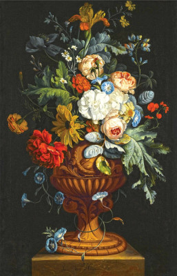 ₴ Репродукція картини натюрморт від 296 грн.: Троянди, хризантеми, ромашки та іриси у скульптурній вазі на кам'яному виступі