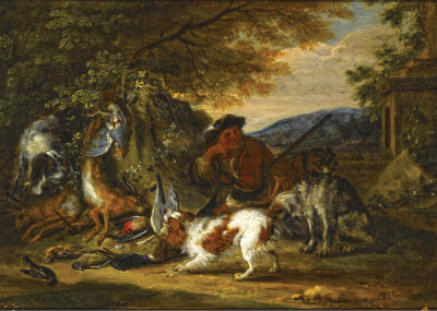 ₴ Репродукция картины натюрморт от 175 грн.: Лесисты пейзаж с отдыхающим охотником и собаками около дичи