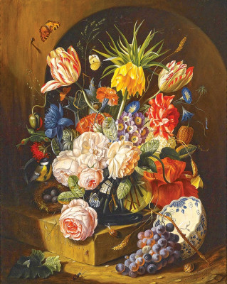 ₴ Репродукция натюрморт от 318 грн.: Букет цветов с делфтской миской на мраморной плите