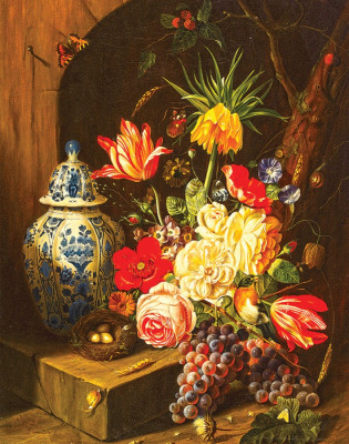 ₴ Репродукція натюрморт від 318 грн.: Букет квітів з китайською вазою та гніздом на мармуровій плиті