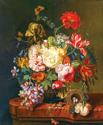 ₴ Репродукція натюрморт від 306 грн.: Букет квітів у скляній вазі та гнізді