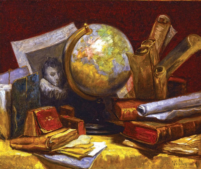 Натюрморт с глобусом, книгами и пергаментами