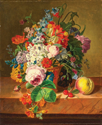 ₴ Репродукція натюрморт від 237 грн.: Квіти в кошику та персик на виступі