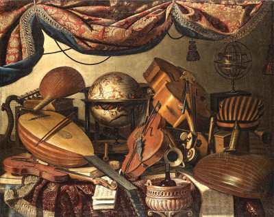 ₴ Репродукція натюрморт від 253 грн.: Музичні інструменти, включаючи альт, скрипка, віолончель та лютня, разом з глобусом та томами класичної літератури
