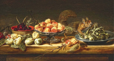 ₴ Репродукция натюрморт от 181 грн.: Персики в вазе, фундук на оловянные тарелке, малина в корзине, груша и белка на столе