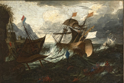 ⚓Репродукция морской пейзаж от 217 грн.: Голландский и испанский корабли терпят бедствие в сильный шторм возле скалистого берега, гребная лодка с экипажем на переднем плане