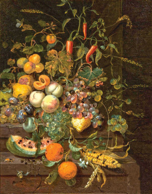 ₴ Картина натюрморт художника від 248 грн.: Персики, виноград, абрикоси, дині, гіркий апельсин, качани кукурудзи та різні комахи