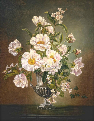 ₴ Репродукція натюрморт від 191 грн.: Квіти на виступі у срібній вазі