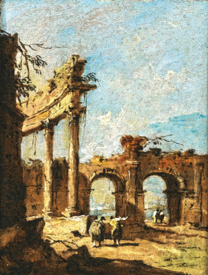 ₴ Картина городской пейзаж художника от 192 грн.: Каприччио разрушенной коринфской колоннады и двойной арки с беседующими джентельменами на переднем плане