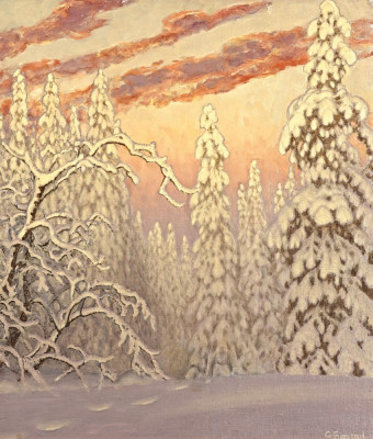 ₴ Картина пейзаж художника від 228 грн.: Зимовий пейзаж під малиновим небом