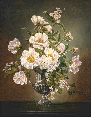 ₴ Репродукція натюрморт від 247 грн.: Квіти на виступі у срібній вазі