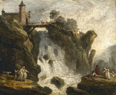 ₴ Репродукция пейзаж от 340 грн.: Рисующий художник и другие фигуры возле водопада