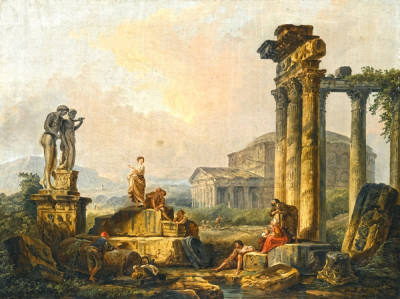 ₴ Репродукція краєвид від 317 грн.: Краєвид з пастухами серед руїн, статуя Кастора і Поллукса, на відстані Пантеон