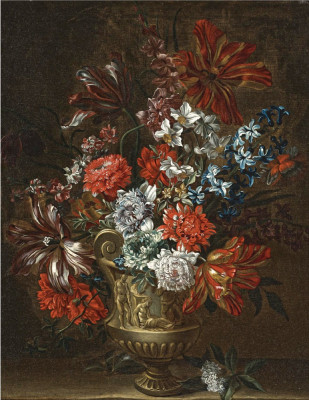 ₴ Репродукція натюрморт від 247 грн.: Тюльпани, півонії, нарциси та інші квіти у скульптурній вазі