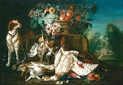 ₴ Репродукція натюрморт від 223 грн.: У палацовому саду з фруктами у кошику на кам'яному виступі, спанієль та дичина на землі