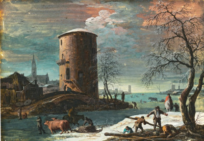 ₴ Репродукция пейзаж от 293 грн.: Зимний пейзаж с мужчинами собирающими дрова около башни над замерзшим лиманом