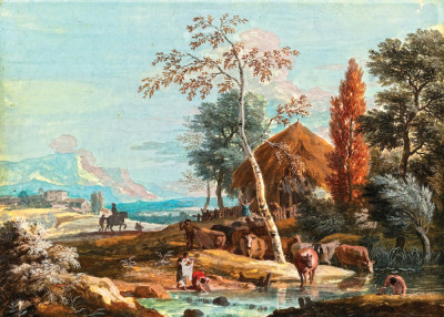 ₴ Репродукция пейзаж от 301 грн.: Прачки и купальщик на реке возле соломенного коттеджа