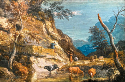 ₴ Репродукція краєвид від 285 грн.: Гірський краєвид зі худобою біля водопою, троє селян на скелі