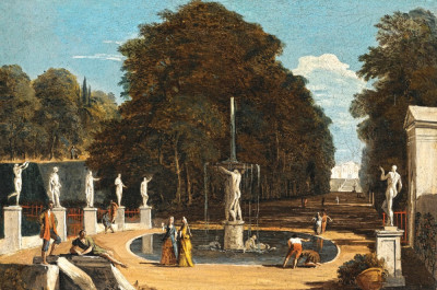 ₴ Репродукція міський пейзаж від 285 грн.: Фігури розмовляють у парку біля фонтану