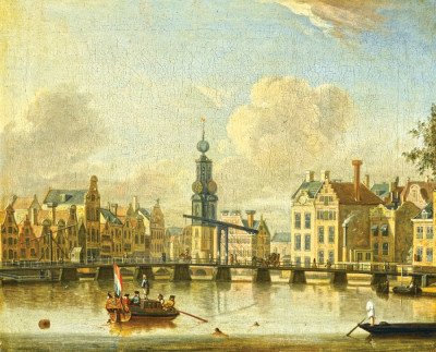 ₴ Репродукція міський краєвид 253 грн.: Амстердам, канал і Монетна вежа, фігури на мосту та купальники на передньому плані