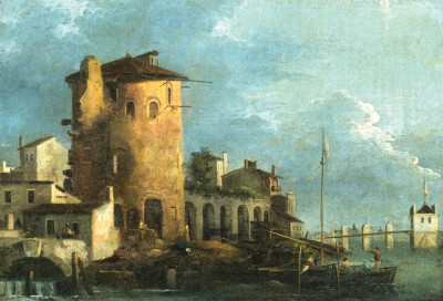 ₴ Картина міський пейзаж художника від 223 грн.: Каприччіо середземноморського міста, яхти швартуються біля вежі