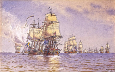 ⚓Репродукція морський краєвид від 205 грн.: Шведський корабель бореться з англійською ескадрою у 1704