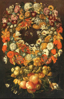 ₴ Репродукція натюрморт від 291 грн.: Гірлянда квітів з яблуками, сливами та іншими фруктами