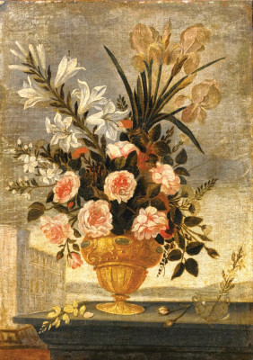 ₴ Репродукція натюрморт від 208 грн.: Іриси, лілії, троянди та гвоздики в урні, невелика скляна ваза, краєвид на відстані