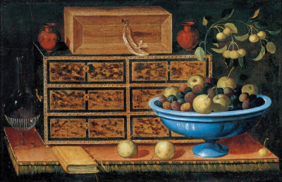 ₴ Репродукція натюрморт від 310 грн.: Письмовий стіл з невеликою скринькою та вазою з фруктами