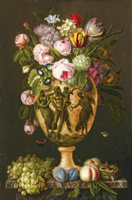 ₴ Репродукція натюрморт від 291 грн.: Квіти у скульптурній вазі, фрукти та пташине гніздо з пташенятами на кам'яному виступі