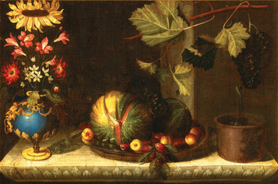 ₴ Репродукція натюрморт від 285 грн.: Соняшник та інші квіти у золоченій вазі, дині, абрикоси, виноград та сливи в олов'яній тарілці на мармуровому виступі