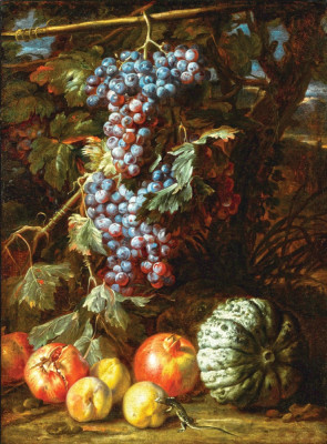 ₴ Репродукция натюрморт от 200 грн.: Виноградная гроздь свисающая с прутиком, гранат, персики, дыня и саламандра, все в пейзаже