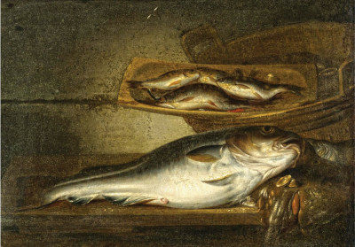 ₴ Репродукція натюрморт від 293 грн.: Риба на столі, інші види риб у чані позаду