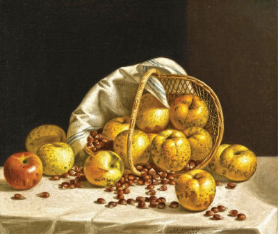 ₴ Репродукція натюрморт від 348 грн.: Жовті яблука та каштани вивалилися з кошика
