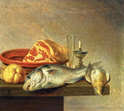 ₴ Репродукція натюрморт від 364 грн.: Окіст, риба, свічки та інші об'єкти розташовані на краю стільниці