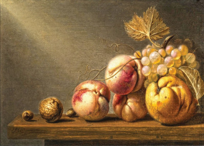 ₴ Репродукція натюрморт від 301 грн.: Персики, виноград, айва, волоський горіх і фундук на дерев'яний стіл