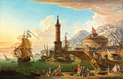 ⚓Репродукція морський краєвид від 199 грн.: Середземноморський порт у сутінках, рибалки та елегантні фігури на пірсі