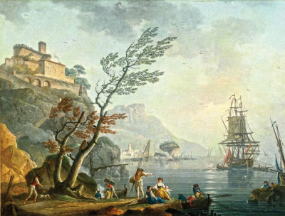 ⚓Репродукція морський краєвид від 241 грн.: Рибалки вздовж скелястого берега із замком вище, торгові судна на відстані