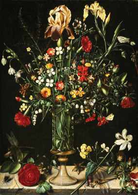 ₴ Репродукция натюрморт от 266 грн.: Цветы в том числе ирисы, нарциссы, лилии и гвоздики в высокой стеклянной вазе на каменном выступе
