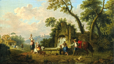 ₴ Репродукция пейзаж от 187 грн.: Южный ландшафт с фигурами возле фонтана
