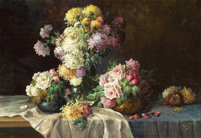 ₴ Репродукция натюрморт от 223 грн.: Три вазы с хризантемами и розами