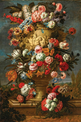 ₴ Репродукция натюрморт от 217 грн.: Цветы в скульптурной урне на фоне пейзажа