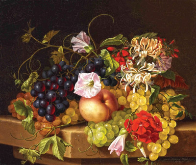 ₴ Репродукція натюрморт від 273 грн.: Виноград, персики і квіти