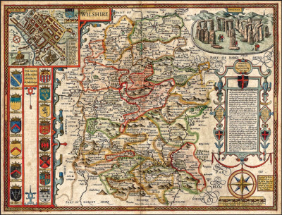 ₴ Стародавні карти високої роздільної здатності від 317 грн.: Карта Ренесансу Вілтшира, Великобританія, з картою міста Солсбері та видом на Стоунхендж