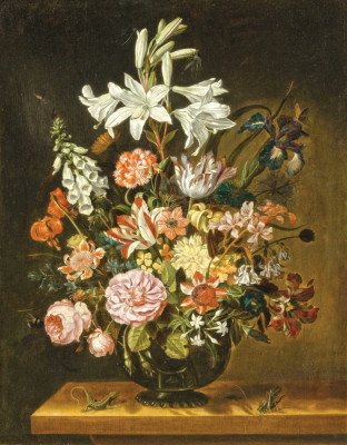 ₴ Репродукція натюрморт від 247 грн.: Натюрморт з квітами у вазі на кам'яному цоколі з ящіркою та коником