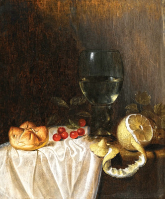 ₴ Репродукция натюрморт от 232 грн.: Ремер, чищенный лимон, черешни и хлеб на частично драпрованном столе