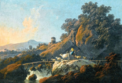 ₴ Репродукція краєвид від 285 грн.: Краєвид з пастухами і їх стадо перетинає дерев'яний міст над водоспадом
