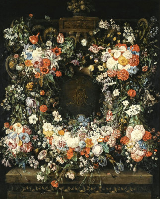 ₴ Репродукція натюрморт від 356 грн.: Гірлянди квітів прикрашають декоративну різьблену конструкцію