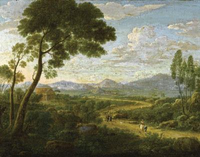 ₴ Репродукция пейзаж от 247 грн.: Обширный пейзаж с путниками на дороге, римский храм в отдалении